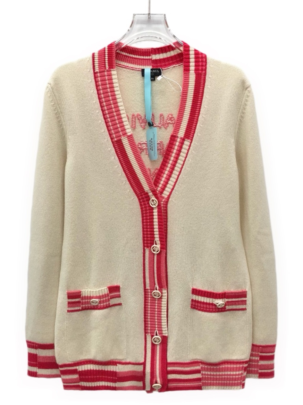 Chanel Striped-Trim Cashmere V-Neck Single-Breasted Long-Sleeve Knit Cardigan